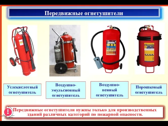 Передвижные огнетушители Углекислотный огнетушитель Воздушно-эмульсионный огнетушитель Воздушно-пенный огнетушитель Порошковый огнетушитель