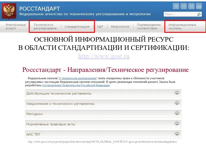 ОСНОВНОЙ ИНФОРМАЦИОННЫЙ РЕСУРС В ОБЛАСТИ СТАНДАРТИЗАЦИИ И СЕРТИФИКАЦИИ: http://www.gost.ru Россстандарт - Направления/Техническое регулирование http://www.gost.ru/wps/portal/pages/directions/techreg?WCM_GLOBAL_CONTEXT=/gost/gostru/directions/technicalregulation