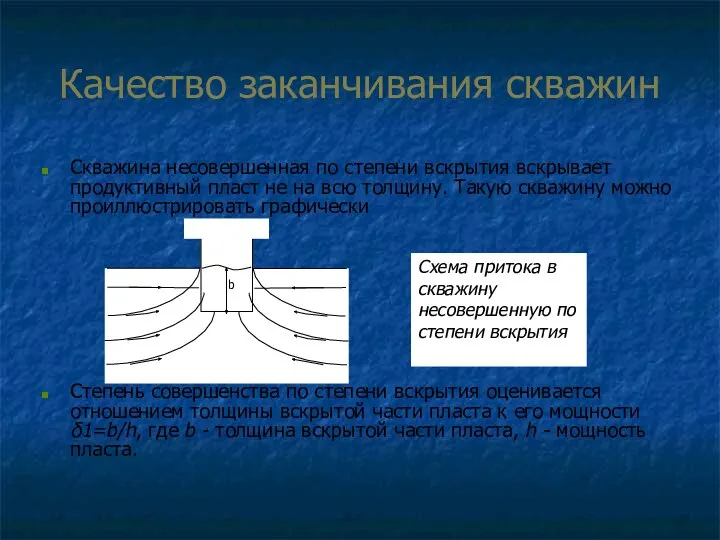 Качество заканчивания скважин Скважина несовершенная по степени вскрытия вскрывает продуктивный