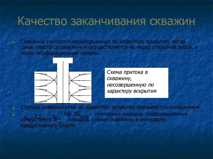 Качество заканчивания скважин Скважина считается несовершенная по характеру вскрытия, когда