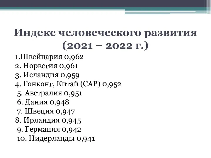 Индекс человеческого развития (2021 – 2022 г.) 1.Швейцария 0,962 2.