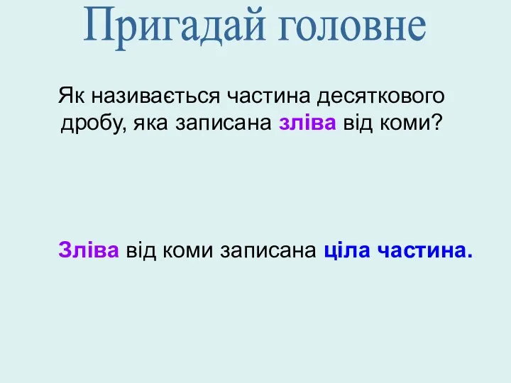 Як називається частина десяткового дробу, яка записана зліва від коми?