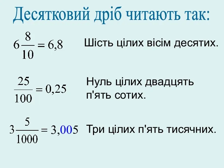 Десятковий дріб читають так: Шість цілих вісім десятих. Нуль цілих