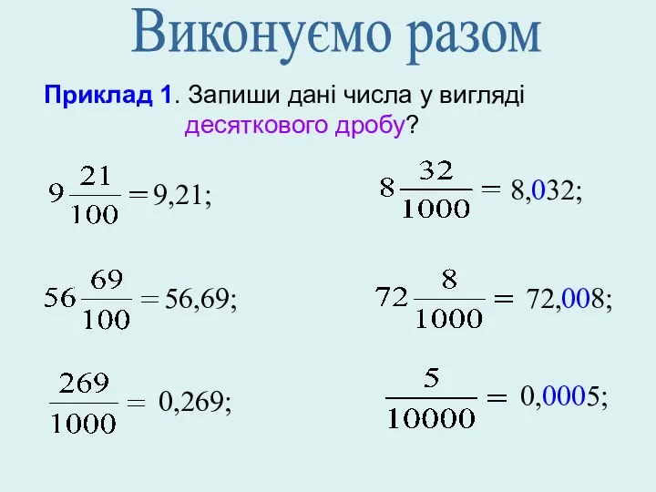 Приклад 1. Запиши дані числа у вигляді десяткового дробу? 8,032;