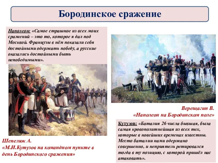 Верещагин В. «Наполеон на Бородинском поле» Шепелюк А. «М.И.Кутузов на