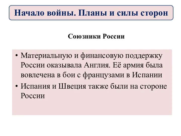 Союзники России Материальную и финансовую поддержку России оказывала Англия. Её