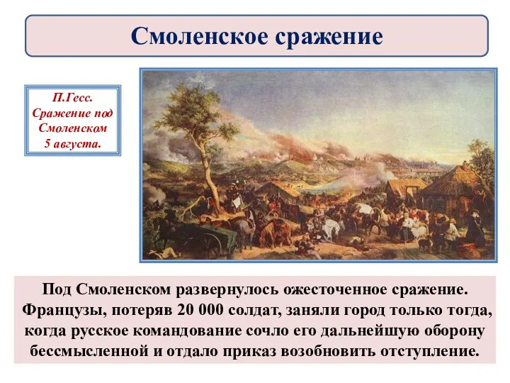 Под Смоленском развернулось ожесточенное сражение. Французы, потеряв 20 000 солдат,