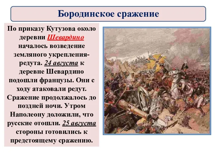 По приказу Кутузова около деревни Шевардино началось возведение земляного укрепления-