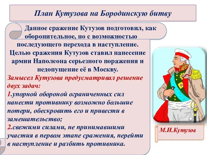 План Кутузова на Бородинскую битву последующего перехода в наступление. Целью