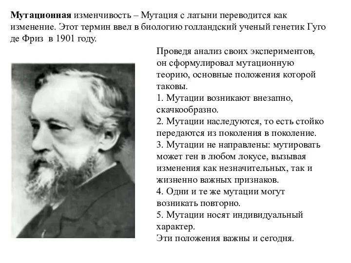 Мутационная изменчивость – Мутация с латыни переводится как изменение. Этот термин ввел в