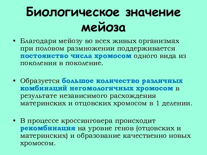 Биологическое значение мейоза Благодаря мейозу во всех живых организмах при