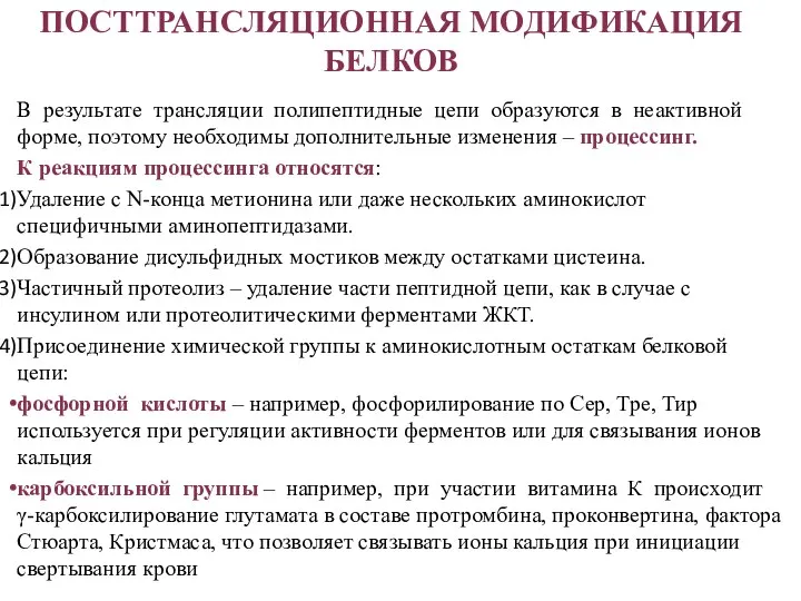 ПОСТТРАНСЛЯЦИОННАЯ МОДИФИКАЦИЯ БЕЛКОВ В результате трансляции полипептидные цепи образуются в