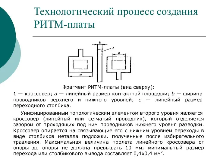 Технологический процесс создания РИТМ-платы Фрагмент РИТМ-платы (вид сверху): 1 — кроссовер; а —