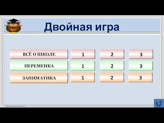 Двойная игра 1 2 3 1 2 3 1 2 3 ЗАНИМАТИКА ПЕРЕМЕНКА ВСЁ О ШКОЛЕ