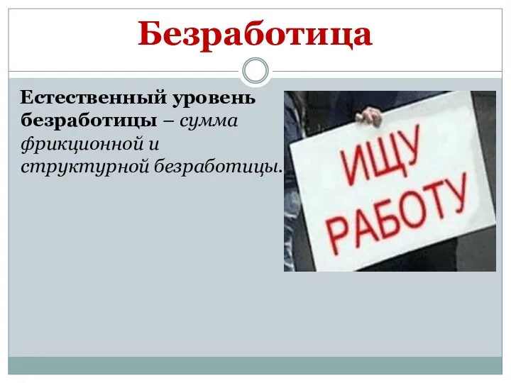 Безработица Естественный уровень безработицы – сумма фрикционной и структурной безработицы.