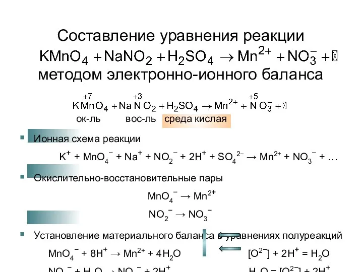 ок-ль вос-ль среда кислая Ионная схема реакции K+ + MnO4−