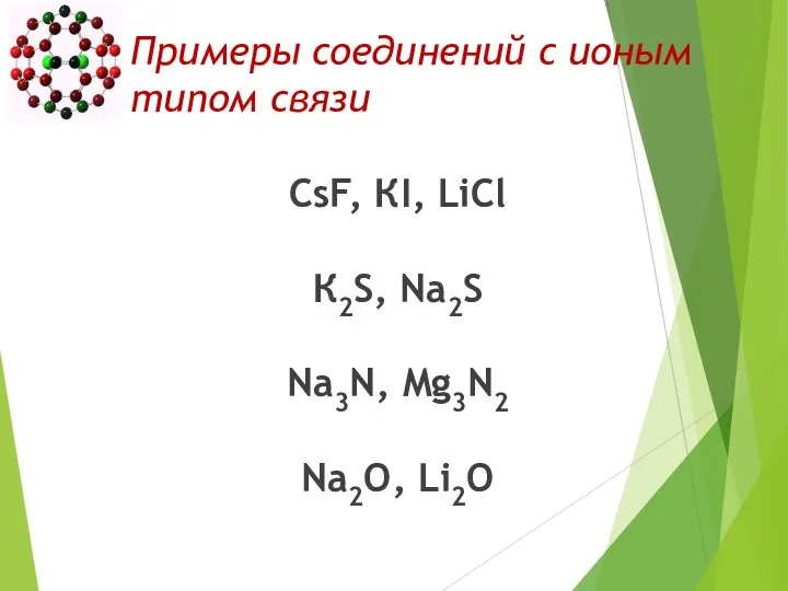 Примеры соединений с ионым типом связи CsF, КI, LiCl К2S, Nа2S Nа3N, Mg3N2 Nа2O, Li2O