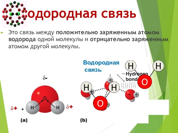 Водородная связь Это связь между положительно заряженным атомом водорода одной