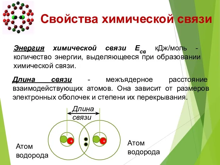 Свойства химической связи Длина связи - межъядерное расстояние взаимодействующих атомов.