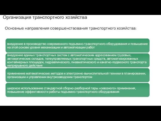 Организация транспортного хозяйства Основные направления совершенствования транспортного хозяйства: