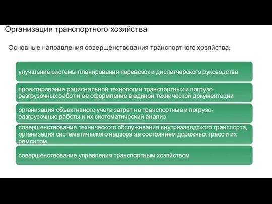 Организация транспортного хозяйства Основные направления совершенствования транспортного хозяйства: