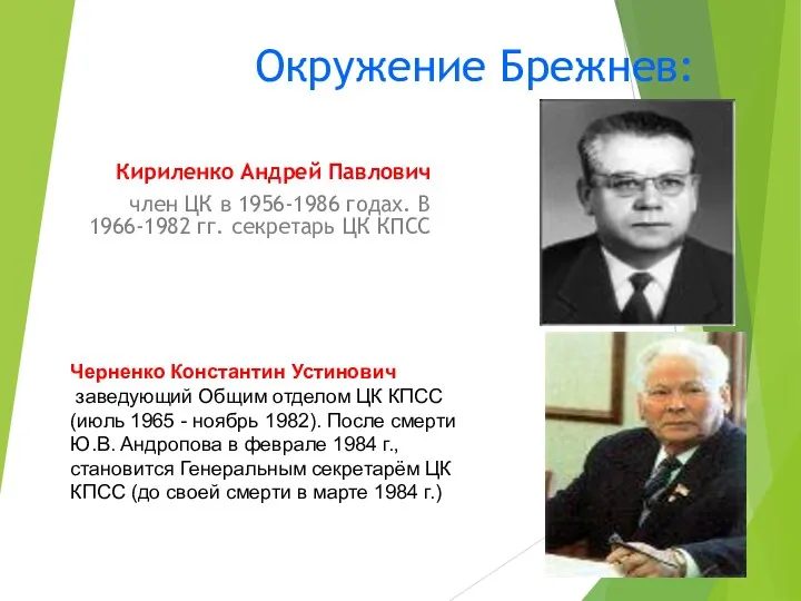 Окружение Брежнев: Кириленко Андрей Павлович член ЦК в 1956-1986 годах.