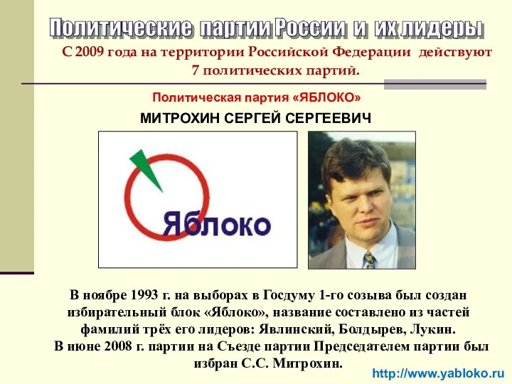 Политическая партия «ЯБЛОКО» http://www.yabloko.ru МИТРОХИН СЕРГЕЙ СЕРГЕЕВИЧ В ноябре 1993