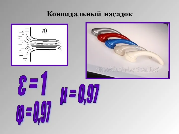 Коноидальный насадок φ = 0,97 ε = 1 μ = 0,97