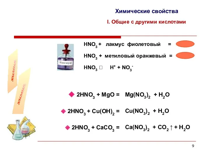 Химические свойства I. Общие с другими кислотами НNO3 + лакмус