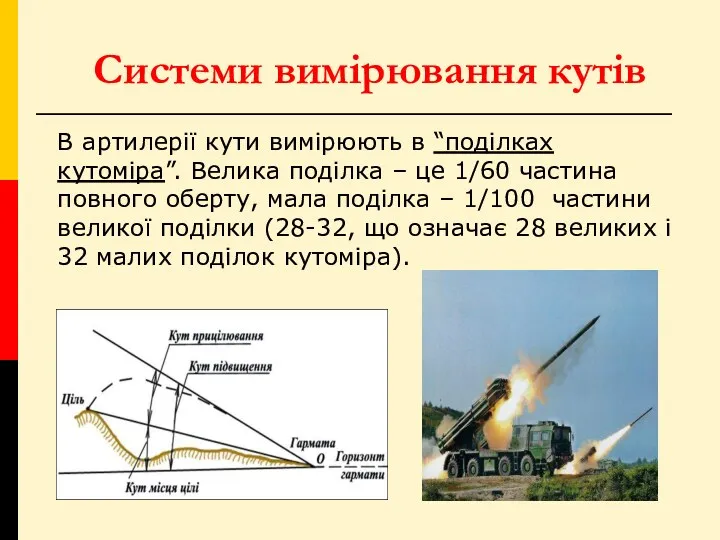 Системи вимірювання кутів В артилерії кути вимірюють в “поділках кутоміра”.