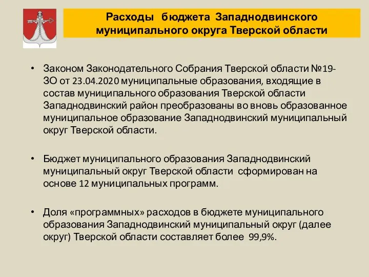 Расходы бюджета Западнодвинского муниципального округа Тверской области Законом Законодательного Собрания