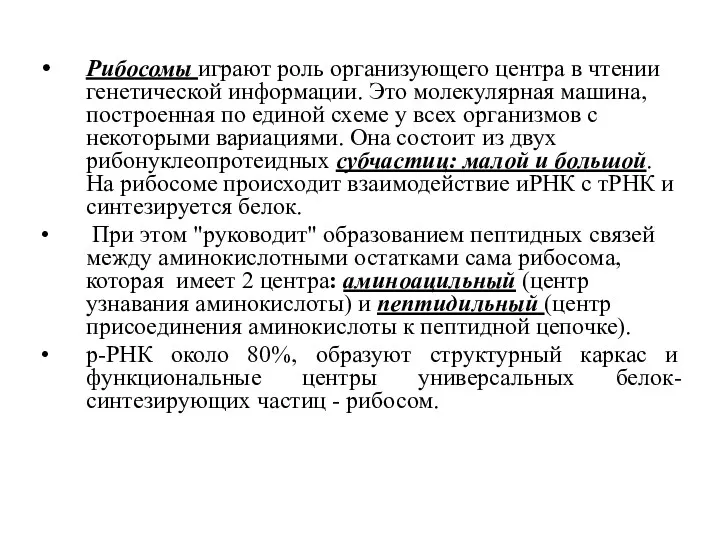 Рибосомы играют роль организующего центра в чтении генетической информации. Это