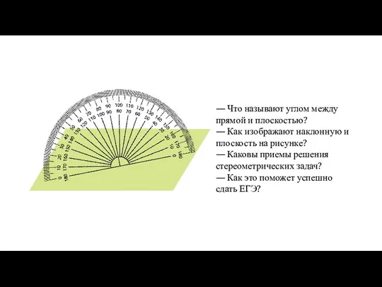 — Что называют углом между прямой и плоскостью? — Как изображают наклонную и