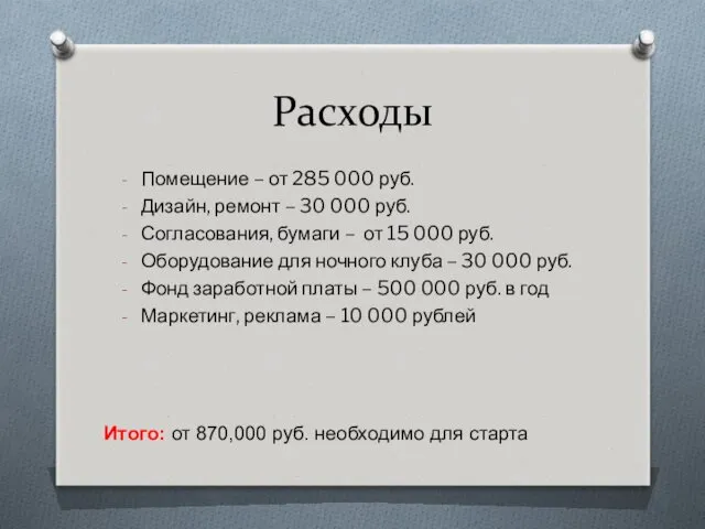 Расходы Помещение – от 285 000 руб. Дизайн, ремонт –