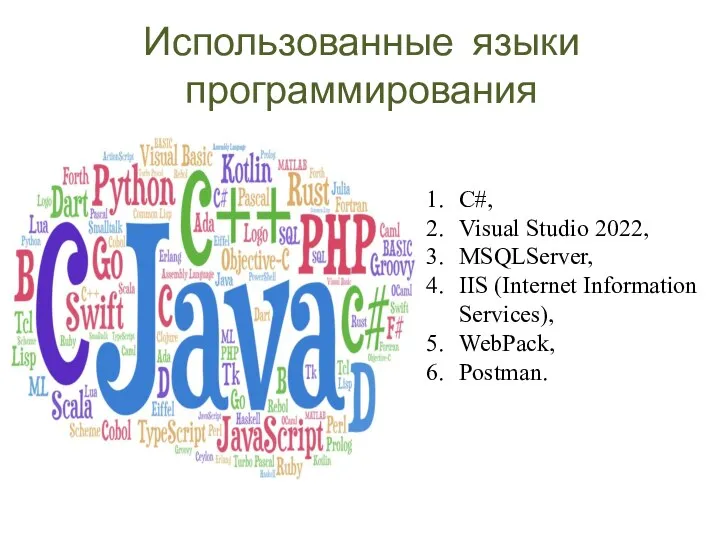 Использованные языки программирования C#, Visual Studio 2022, MSQLServer, IIS (Internet Information Services), WebPack, Postman.