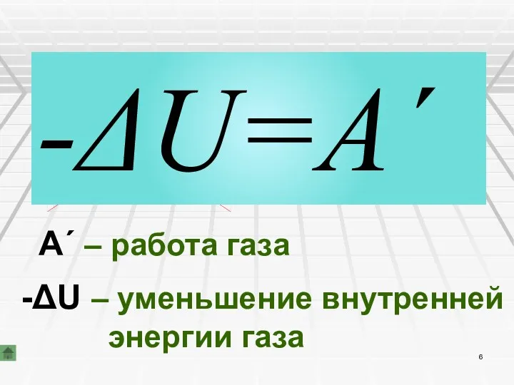 -ΔU=A´ A´ – работа газа -ΔU – уменьшение внутренней энергии газа