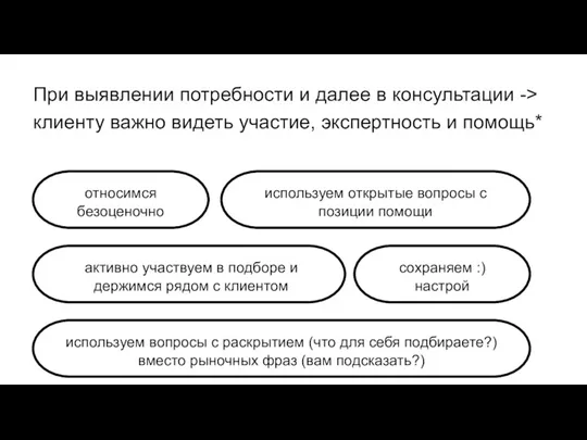 При выявлении потребности и далее в консультации -> клиенту важно