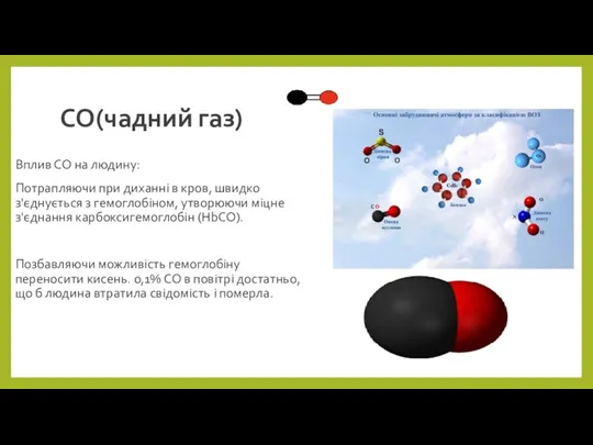 СО(чадний газ) Вплив СО на людину: Потрапляючи при диханні в