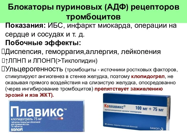 Блокаторы пуриновых (АДФ) рецепторов тромбоцитов Показания: ИБС, инфаркт миокарда, операции