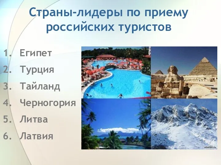 Страны-лидеры по приему российских туристов Египет Турция Тайланд Черногория Литва Латвия