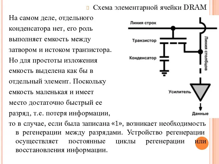 Схема элементарной ячейки DRAM На самом деле, отдельного конденсатора нет,