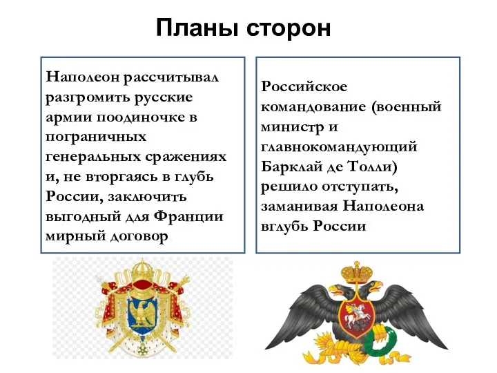 Планы сторон Наполеон рассчитывал разгромить русские армии поодиночке в пограничных