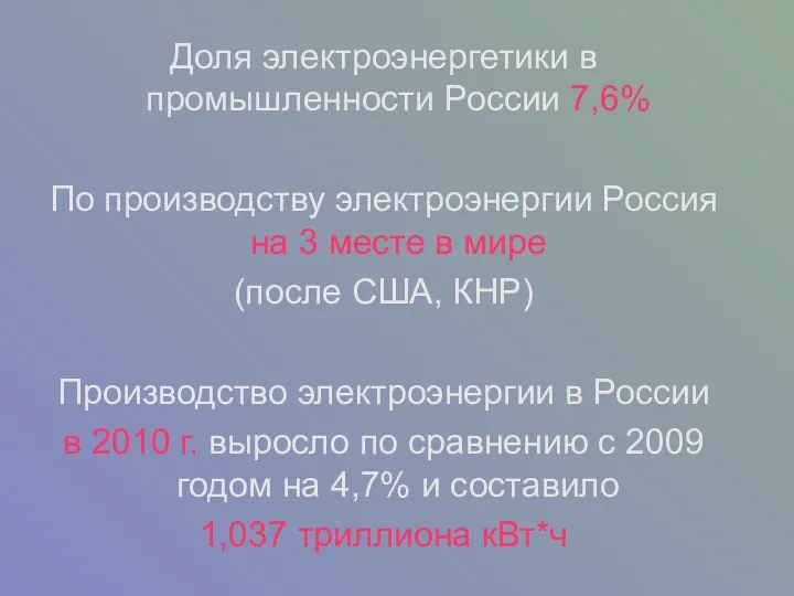 Доля электроэнергетики в промышленности России 7,6% По производству электроэнергии Россия