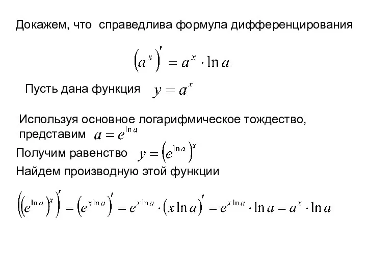 Докажем, что справедлива формула дифференцирования Пусть дана функция Используя основное