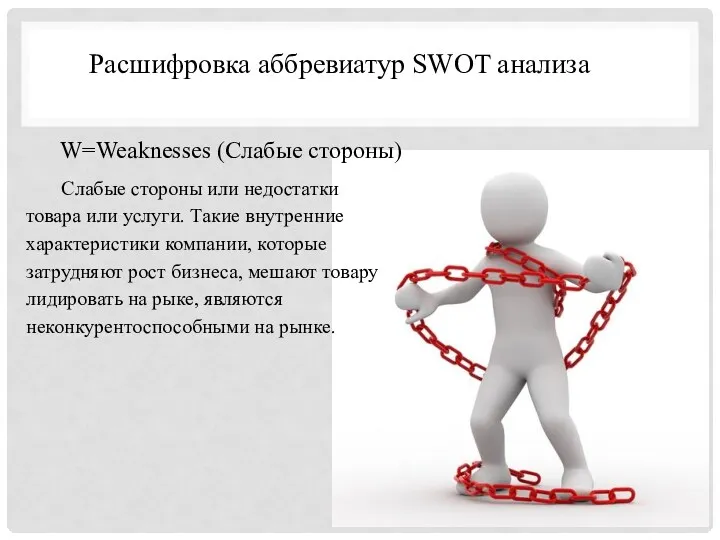 Расшифровка аббревиатур SWOT анализа W=Weaknesses (Слабые стороны) Слабые стороны или