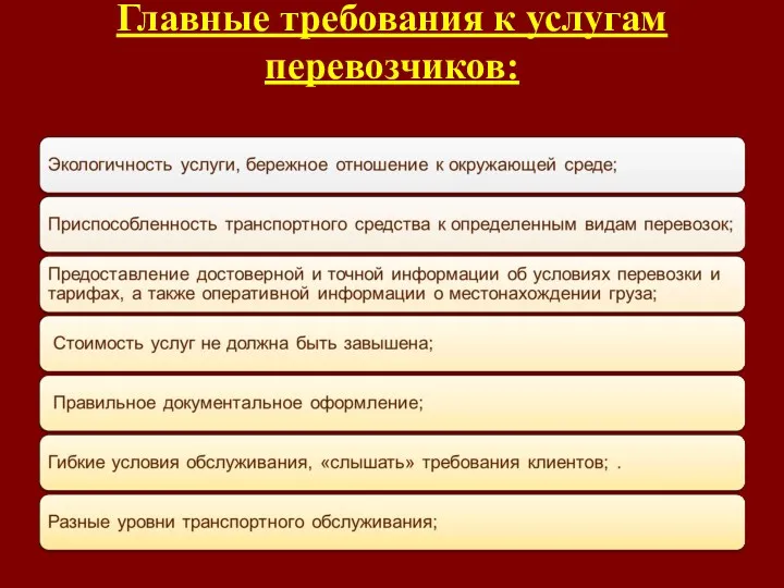 Главные требования к услугам перевозчиков: