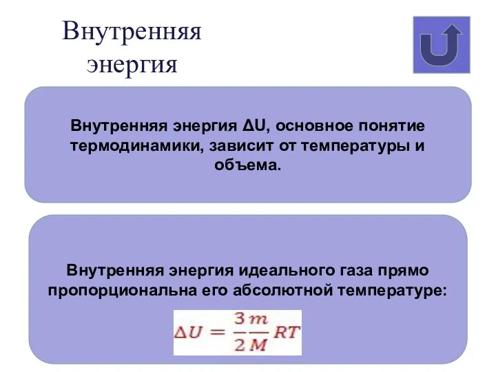 Внутренняя энергия Внутренняя энергия ΔU, основное понятие термодинамики, зависит от