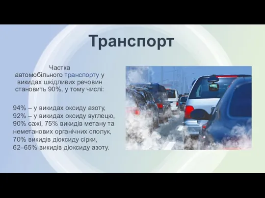 Транспорт Частка автомобільного транспорту у викидах шкідливих речовин становить 90%,