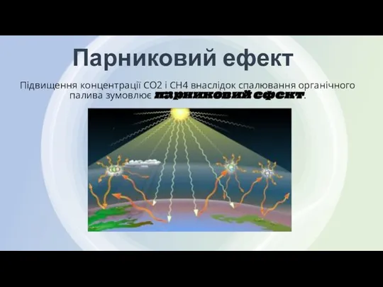 Підвищення концентрації СО2 і СН4 внаслідок спалювання органічного палива зумовлює парниковий ефект. Парниковий ефект