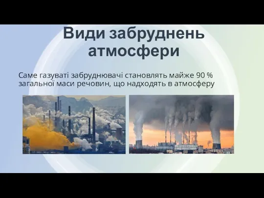 Види забруднень атмосфери Саме газуваті забруднювачі становлять майже 90 %